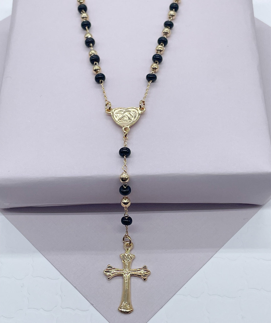 18k Gold Filled Black Beaded Fashion Rosary with Angel and Cross, Trendy