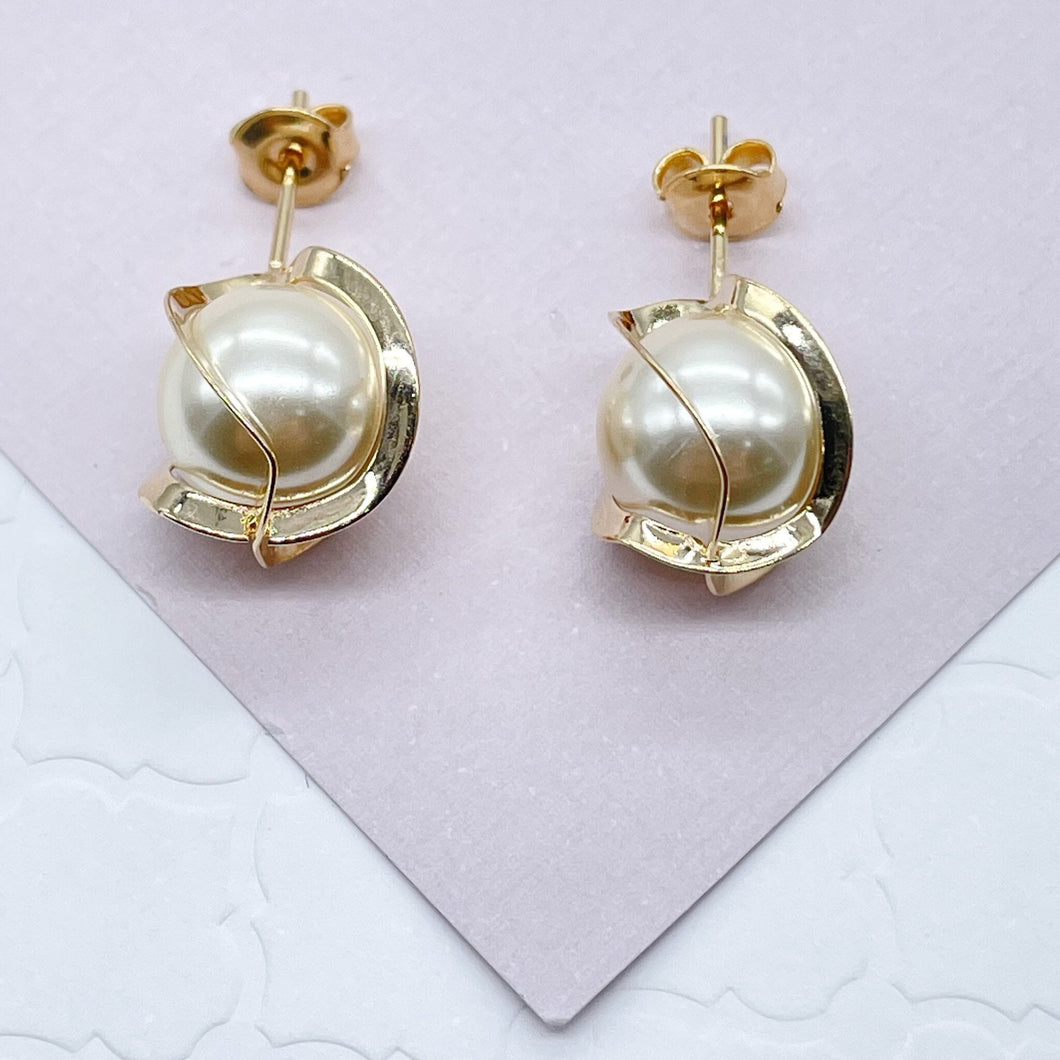18k Gold Filled Pearl Stud Wrapped In Gold Thread 12 mm Size, Simulated Pearl,