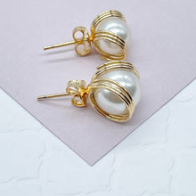 Load image into Gallery viewer, 18k Gold Filled Pearl Stud Side Wrapped By Gold Wire Hoop Detail, Small And Medium Size Available,
