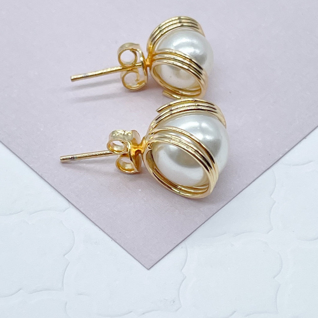 18k Gold Filled Pearl Stud Side Wrapped By Gold Wire Hoop Detail, Small And Medium Size Available,