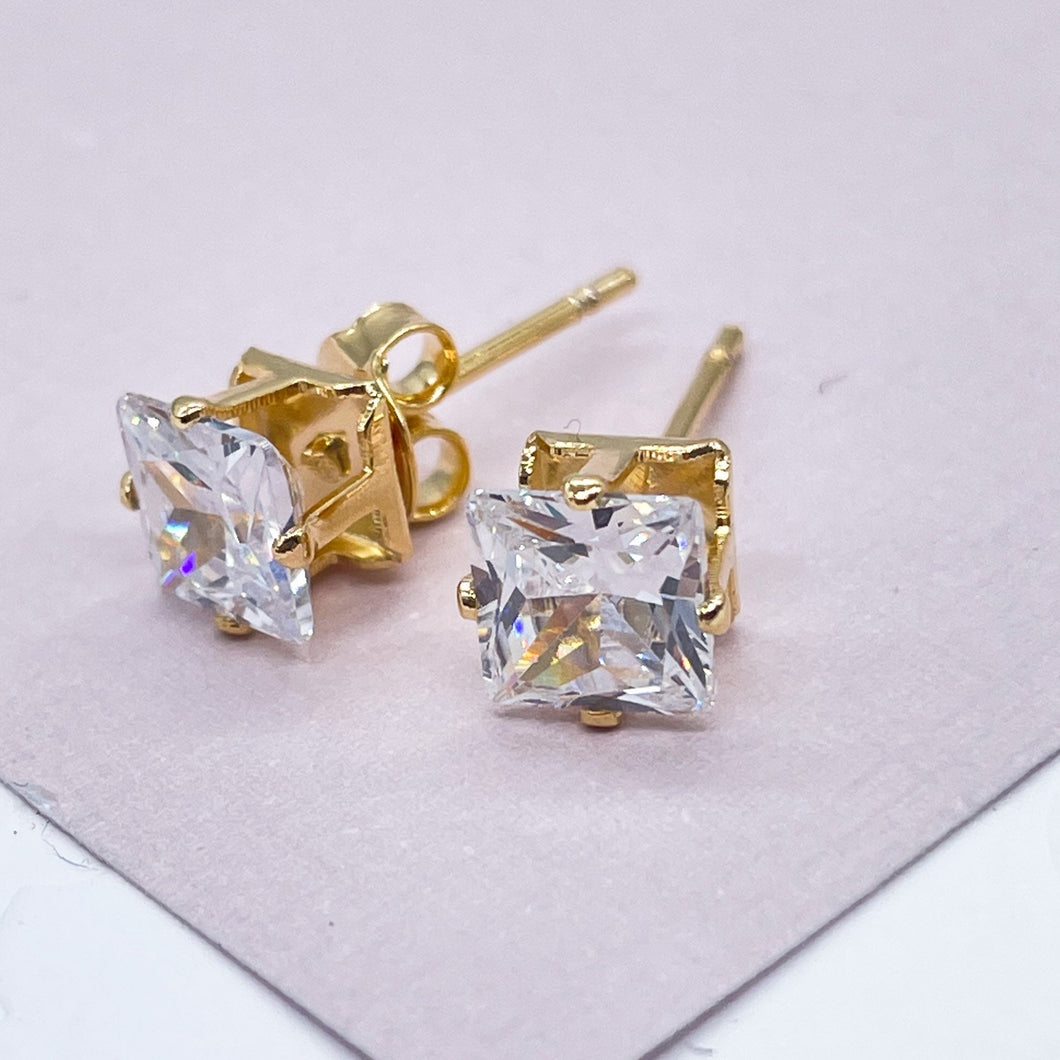 18k Gold Filled 6mm Cubic Zirconia Square Stud Earrings, Princess Cut Square Studs,