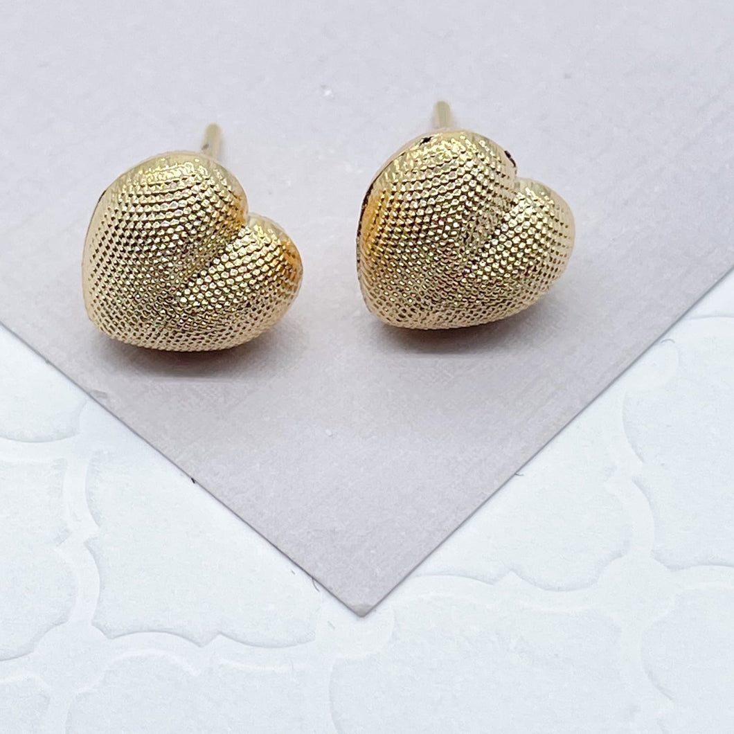 18k Gold Filled Puffy Design Heart Stud Earrings Featuring Pattern Detail