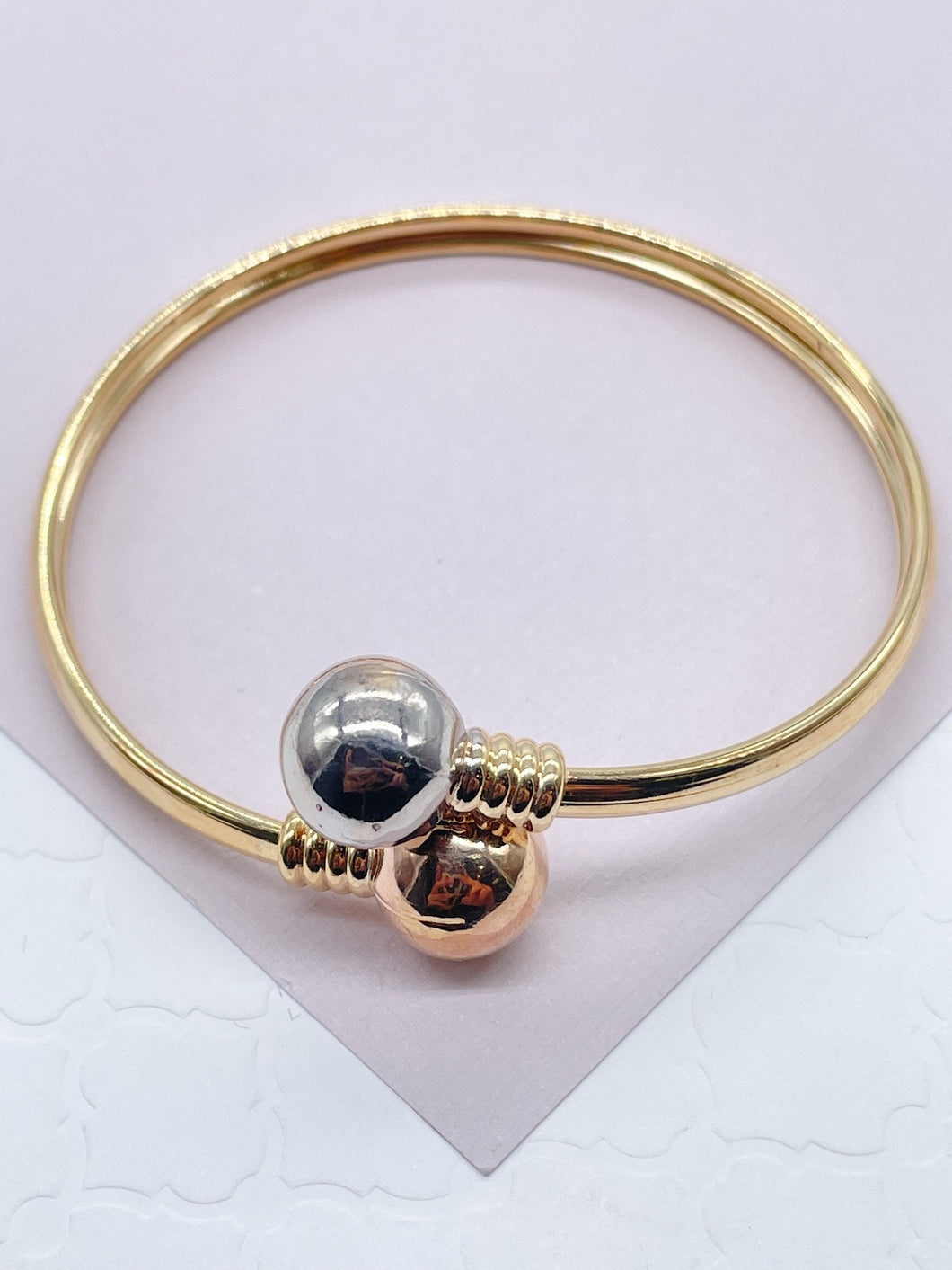 18k Gold Filled Two Ball Plain Tricolor Bangle  Bracelet Jewelry