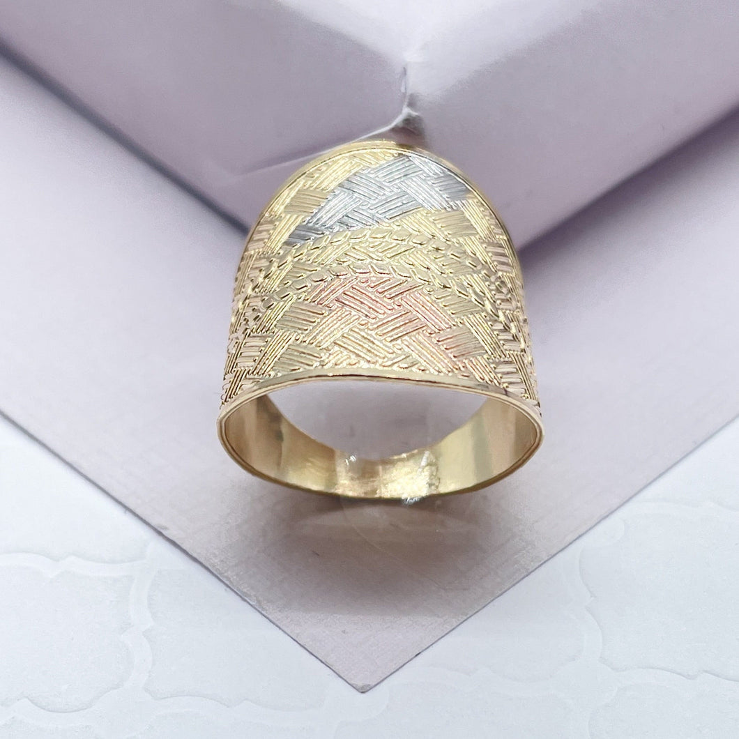 Large 18k Gold Filled Geometric Patterned Tri-Color Ring Wholesale Jewelry