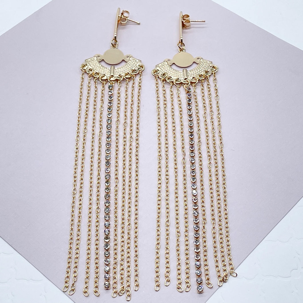 Very Long 18k Gold Filled Light Chandelier Dangling Earrings Link Chain And One Row Cubic Zirconia