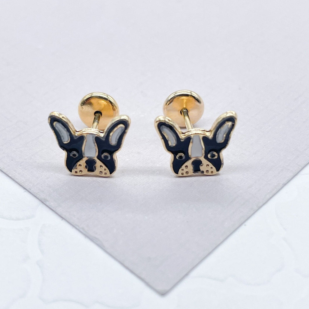18k Gold Filled Enamel French Bulldog Face Stud Earrings Colored Black White