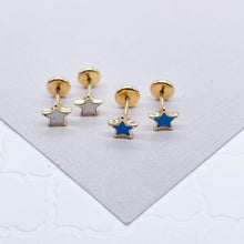 Load image into Gallery viewer, 18k Gold Filled Colorful Stars Stud Earring White And Blue Patriotic Jewelry
