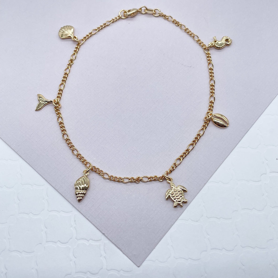 18k Gold Filled Oceanic Inspired Charm Anklet, Beach Style, Cowrie Shell, Turtle, Whale Tale, Sea Horse, Conch,