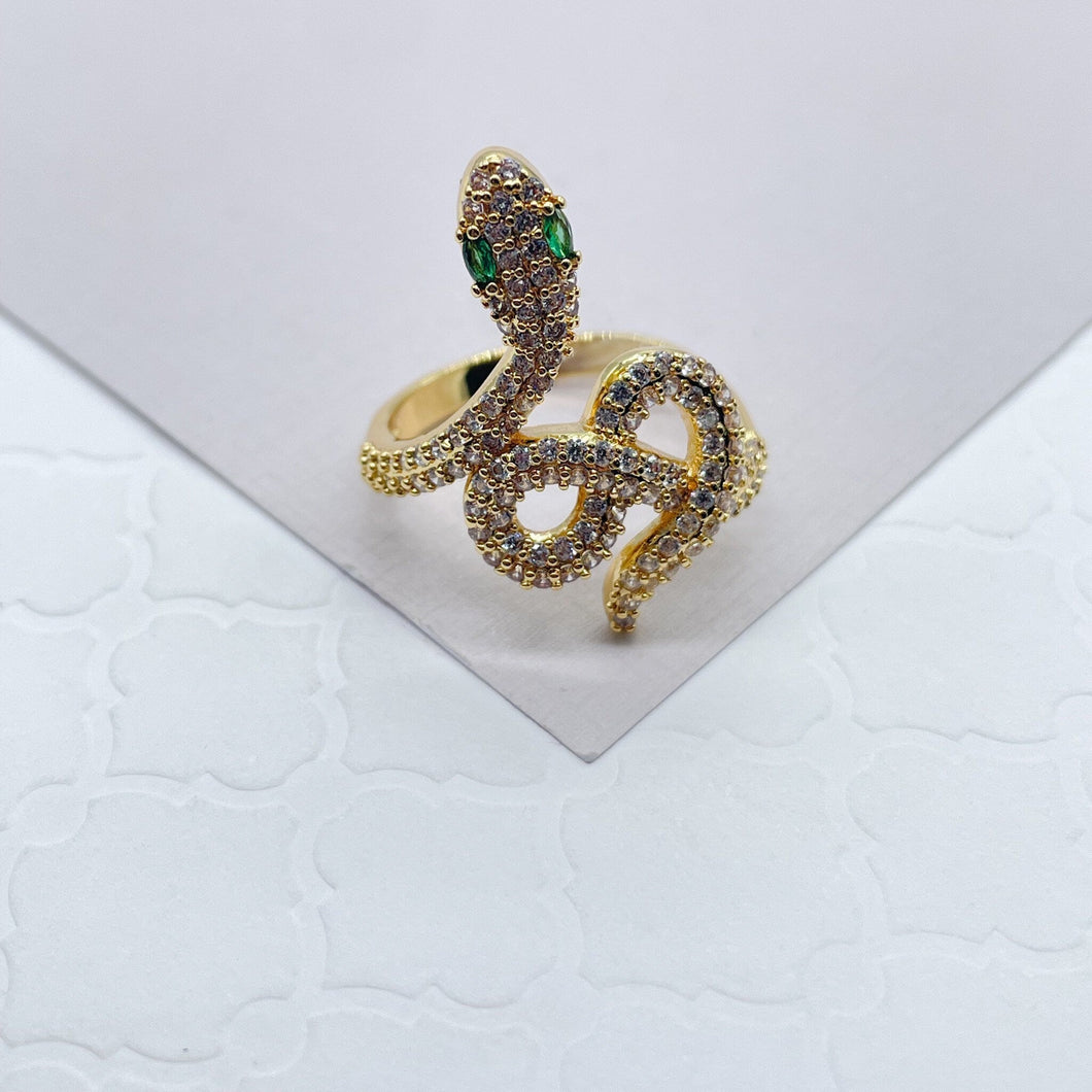 18k Gold Filled Micro Pave Cubic Zirconia Snake Ring Featuring Simulated Emerald Eyes