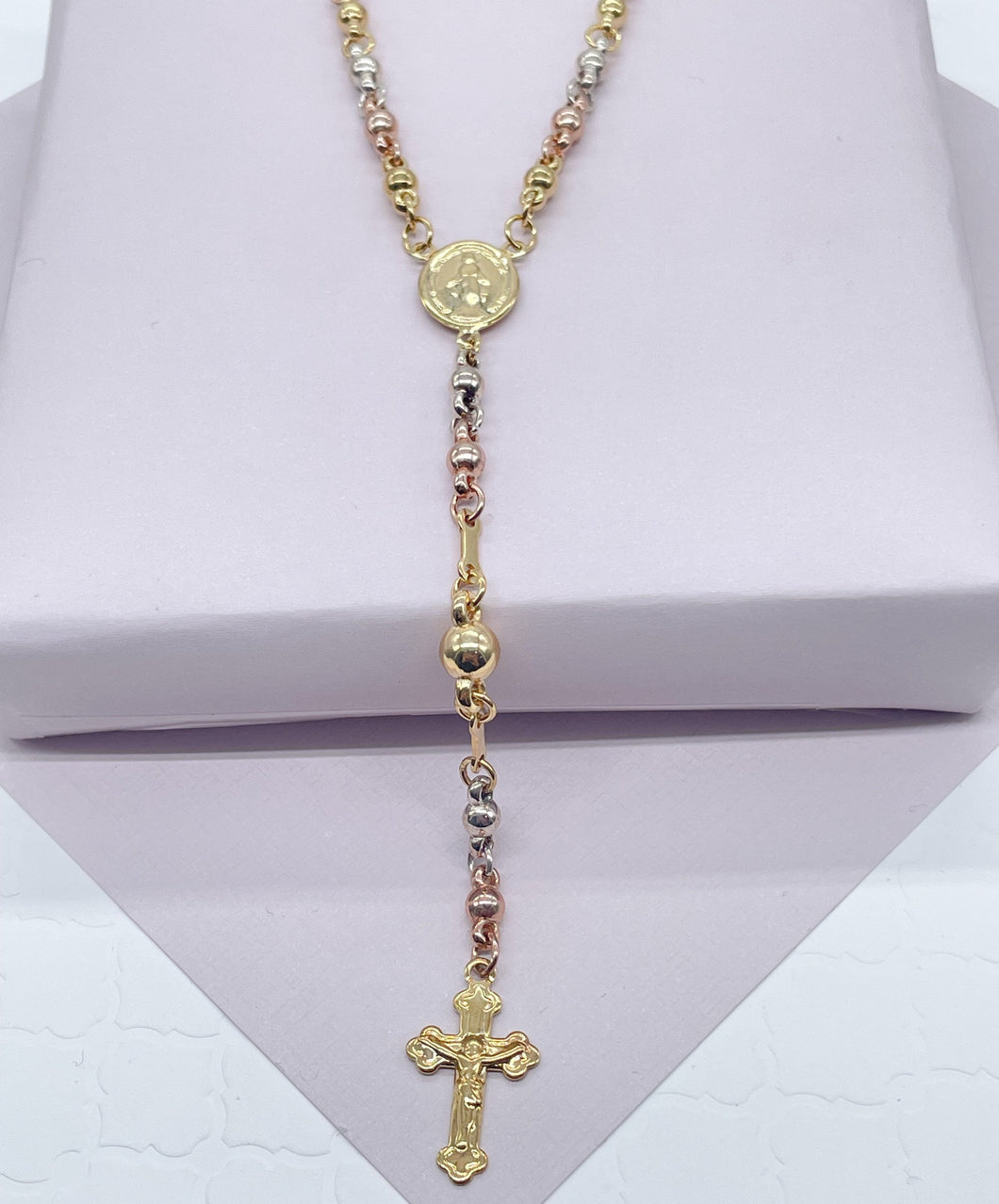 Trendy 18k Gold Filled Tri Color Bead Rosary Necklace Featuring Our Lady of
