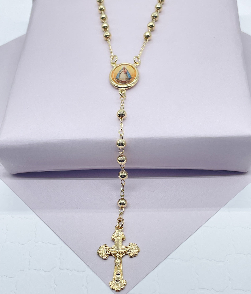 18k Gold Filled Medium Bead Rosary Necklace with Virgin Image Photo Like, Trendy