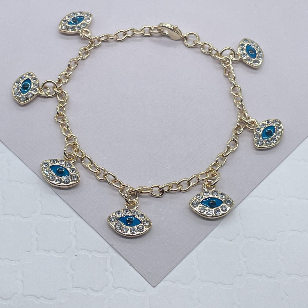 18k Gold Filled 7 Blue Evil Eyes Cubic Zirconia Charms Bracelet, Protection