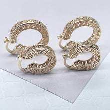 Load image into Gallery viewer, Gorgeous Unique 18k Gold Filled Geometric Three Sides Roman Patterned Hoop Earrings  Jewelry Luxury Fine Woman
