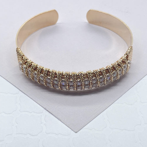 18k Gold Filled Flat Plain Cuff Bracelet Hand Wrapped Twisted Gold Thread Featuring Two Rows Of Cubic Zirconia Stones  Jewelry