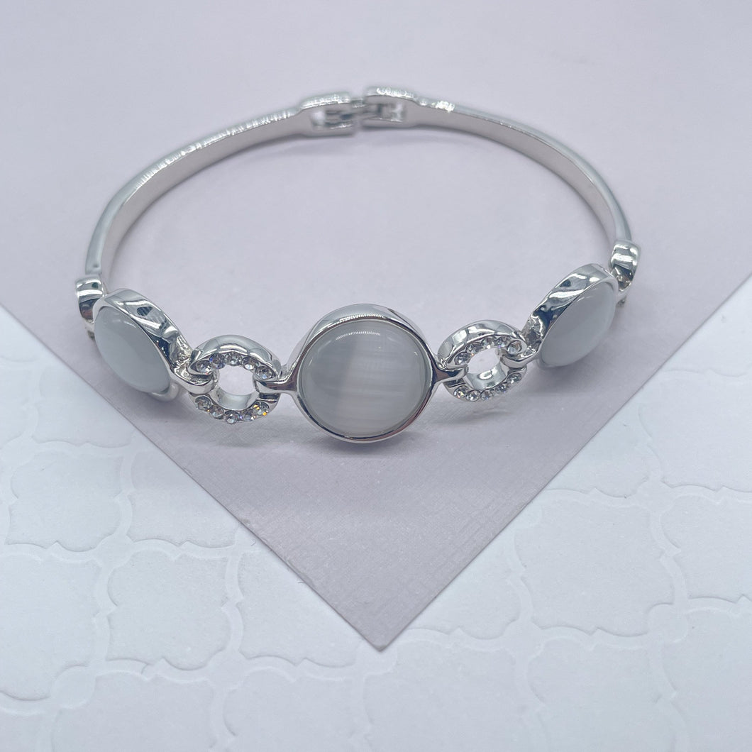 Silver Filled Cuff Bracelet with Milky White Colored Stones and Zirconia Setting  Jewelry