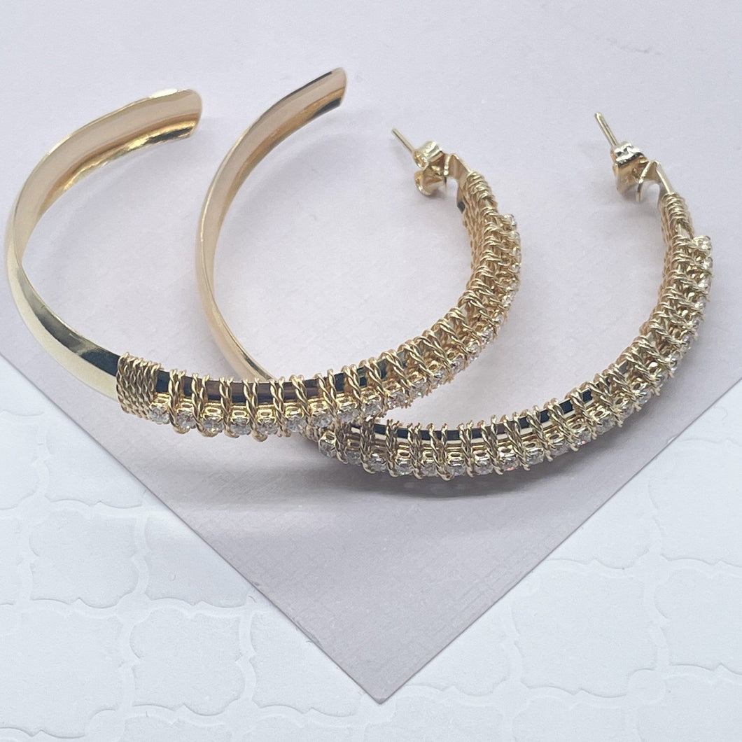 18k Gold Filled Hoop Earrings Hand Wrapped With Gold Twisted Thread With Cubic