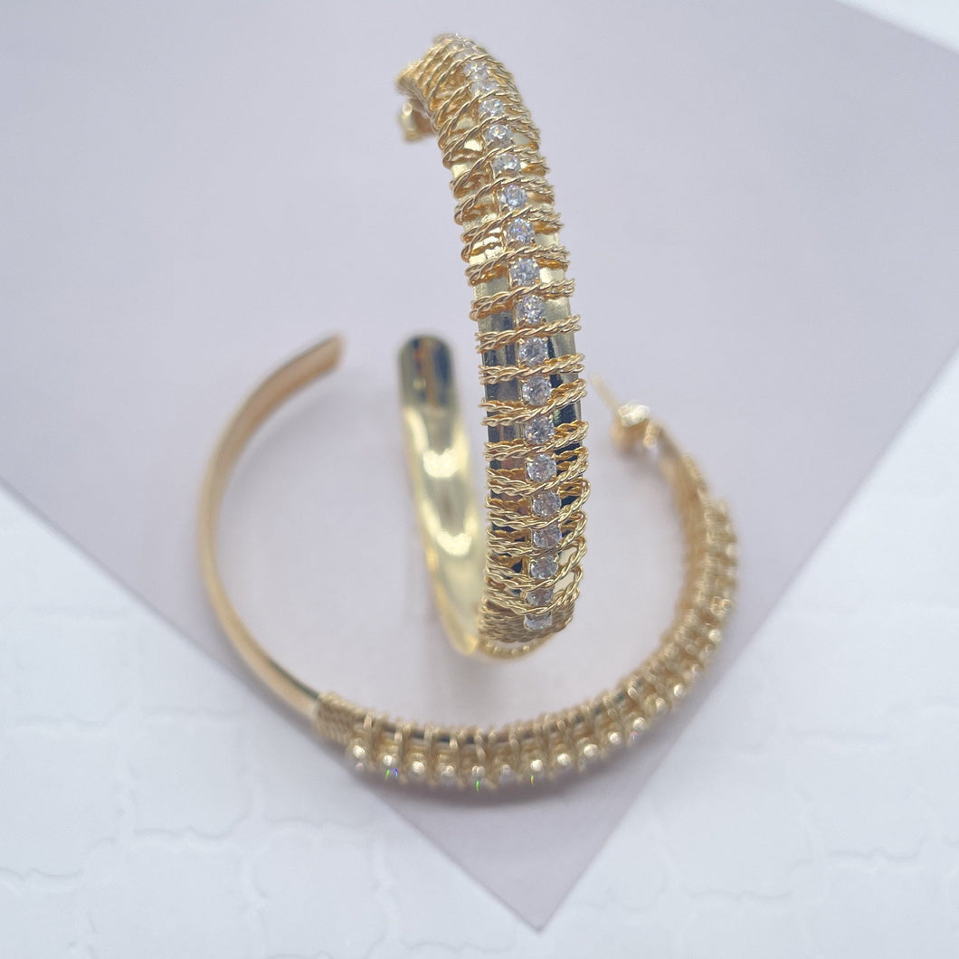 18k Gold Filled Hoop Earrings Hand Wrapped With Gold Twisted Thread With Cubic Zircon Stones  Jewelry