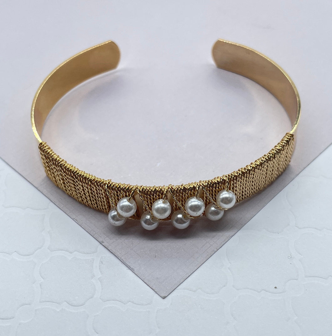 18k Gold Filled Plain Cuff Bracelet Wrapped In Gold Thread And Pearls Detail,