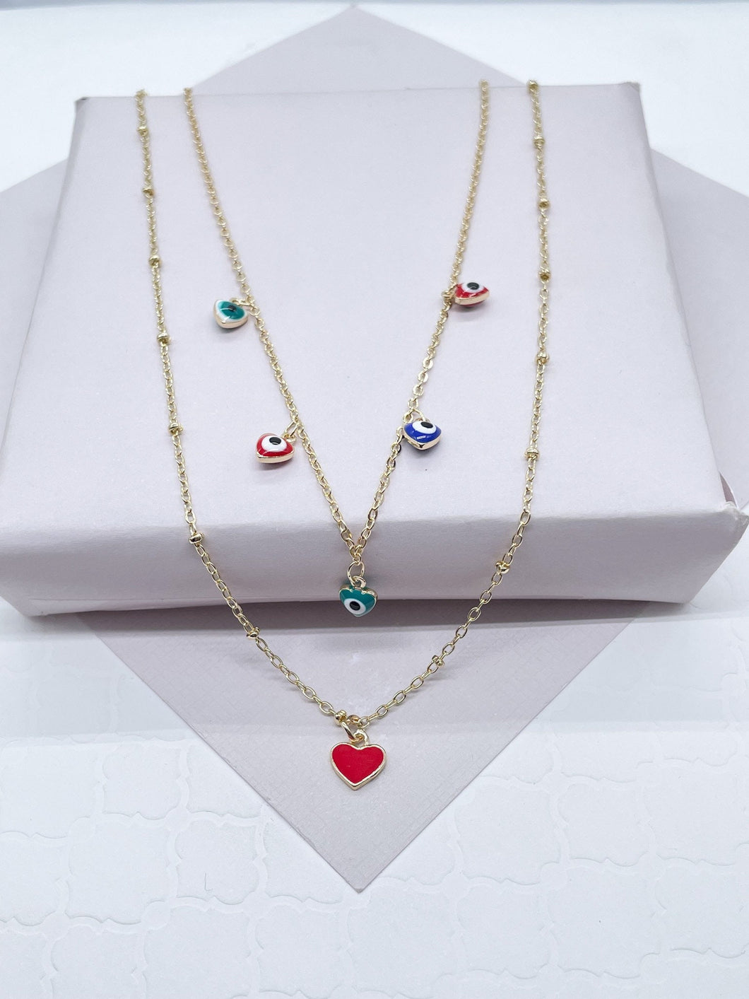 18k Gold Filled Layered Thin Satellite Chain Necklaces with 5 Colorful Evil Eyes