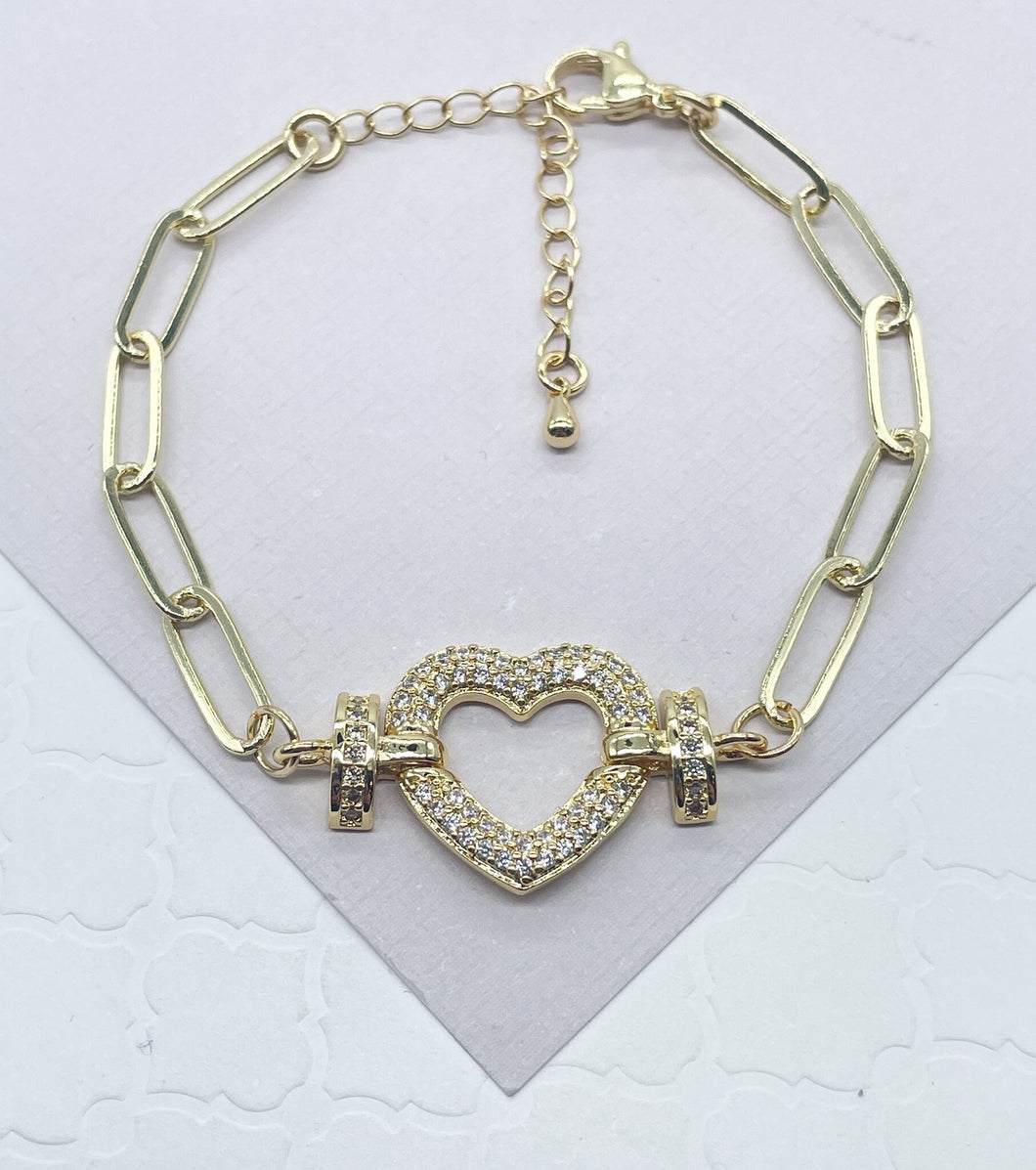 18k Gold Filled Paper Clip Link Bracelet Featuring Micro Pave Cubic Zirconia Heart Charm With CZ Connectors Jewelry