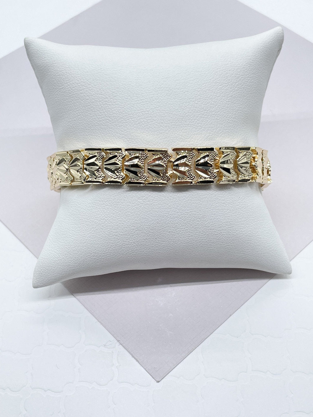 Vintage Style Diamond Cut 18k Gold Filled Thick Lotus Flower Bracelet