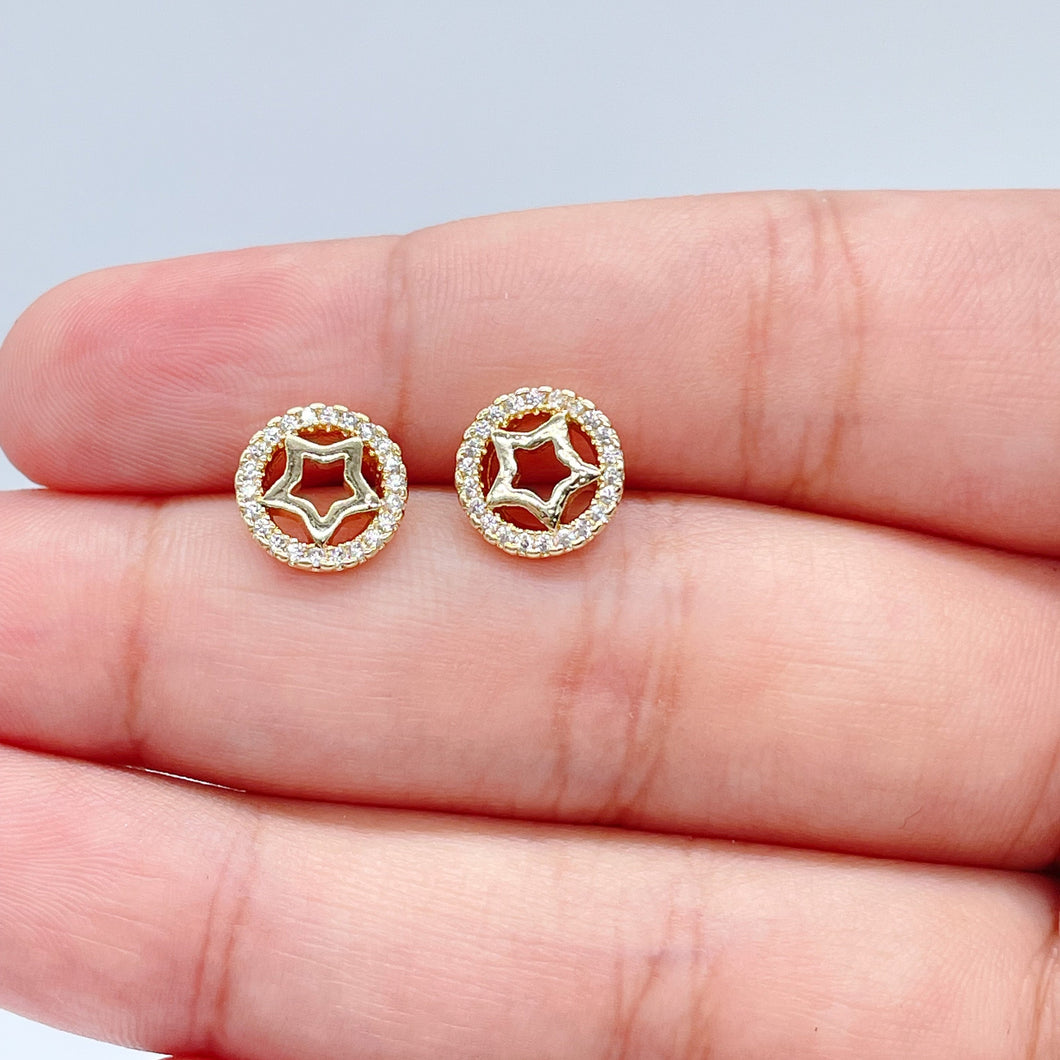 18k Gold Filled Star Inside Circle of Cubic Zirconia Stud Earrings, Small
