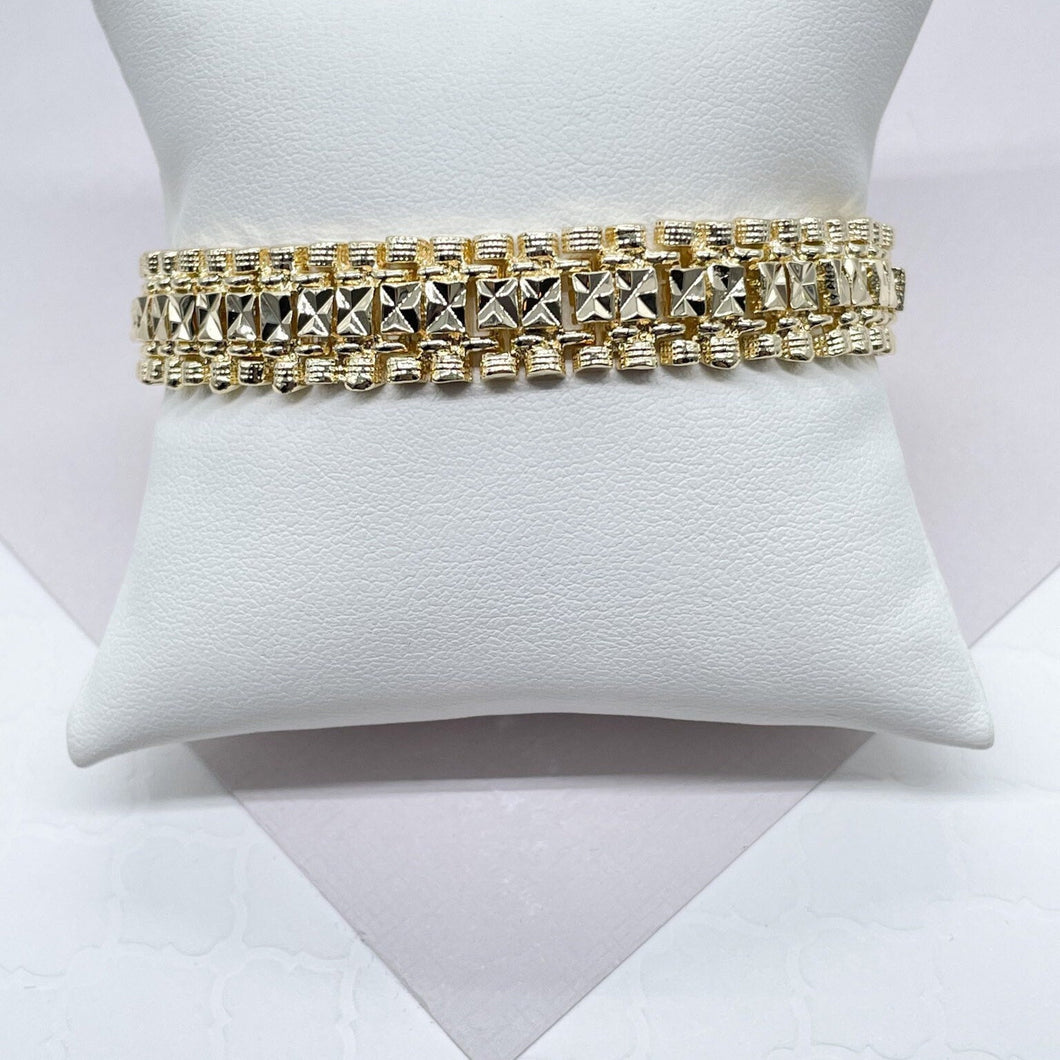 Vintage Diamond Cut Style 18k Gold Filled Thick X - Patterns Bracelet, Motion