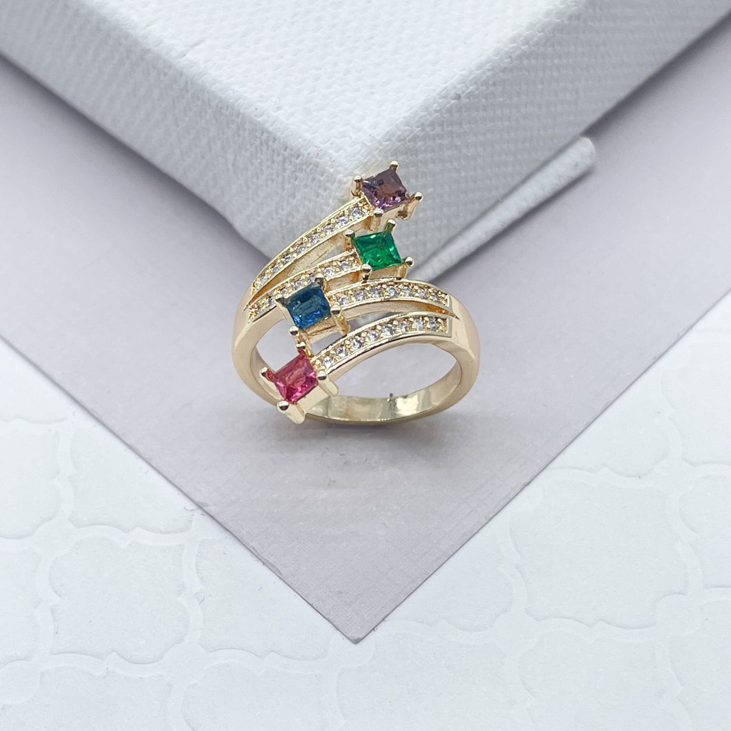 18k Gold Filled Ring with 4 Multi Color Princess Cut Zirconia Stone Featuring Clear Micro Pave Cubic Zirconia Band Jewelry Supplie