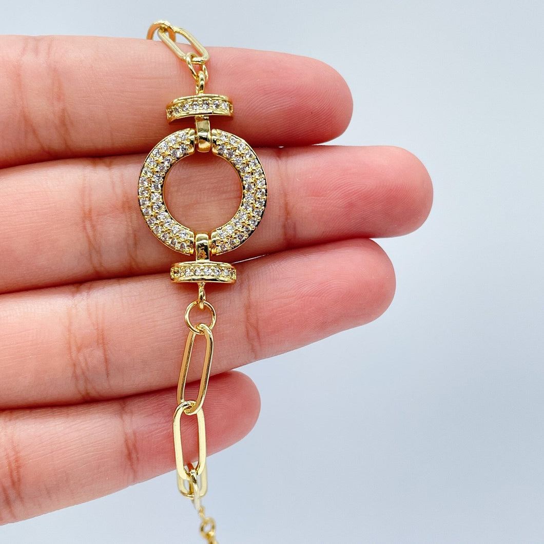 18k Gold Filled Paper Clip Link Bracelet Featuring Micro Pave Cubic Zirconia Circle of Life Charm With CZ Connectors  Jewelry