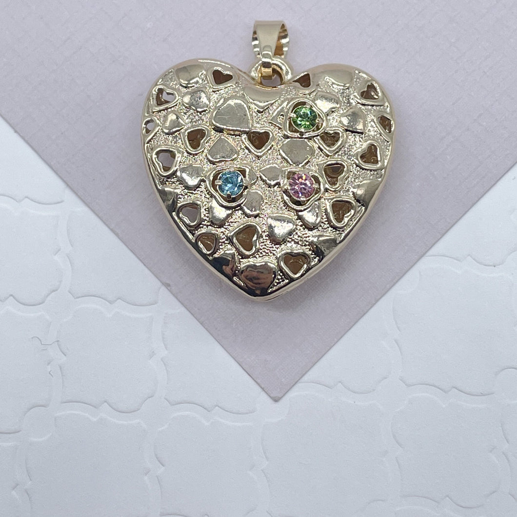 Double Sided 18k Gold Filled Puffy Heart Pendant Charm Featuring Multicolor CZ In One Side And Clear CZ In Another Side  Jewelry
