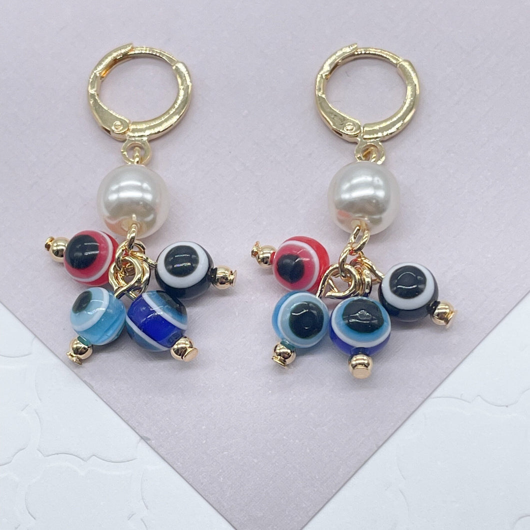 18k Gold Filled Pearl and Evil Eyes Dangling Earrings Featuring Red, Blue, Black And Light Blue Evil Eyes Hoop Earrings Protection