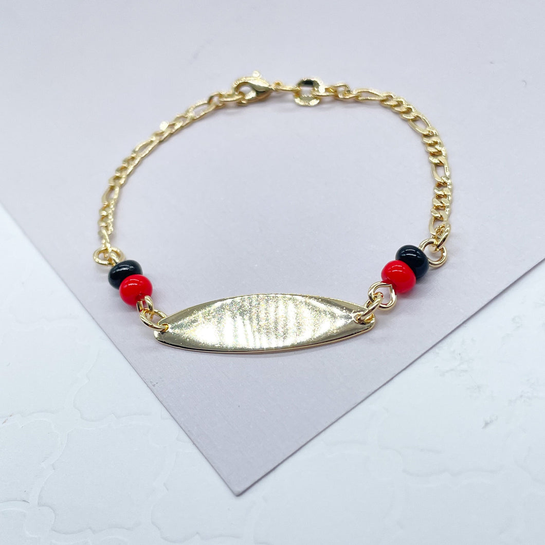18k Gold Filled Figaro Link ID Children’s Bracelet Featuring Simulated Azabache And Red Bead, Kids Bar Bracelet,