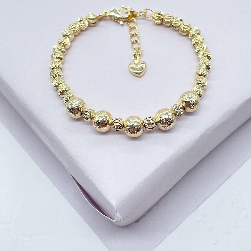 18k Gold Filled Crackle Beaded Kids Bracelet Featuring Fancy Corrugated Small