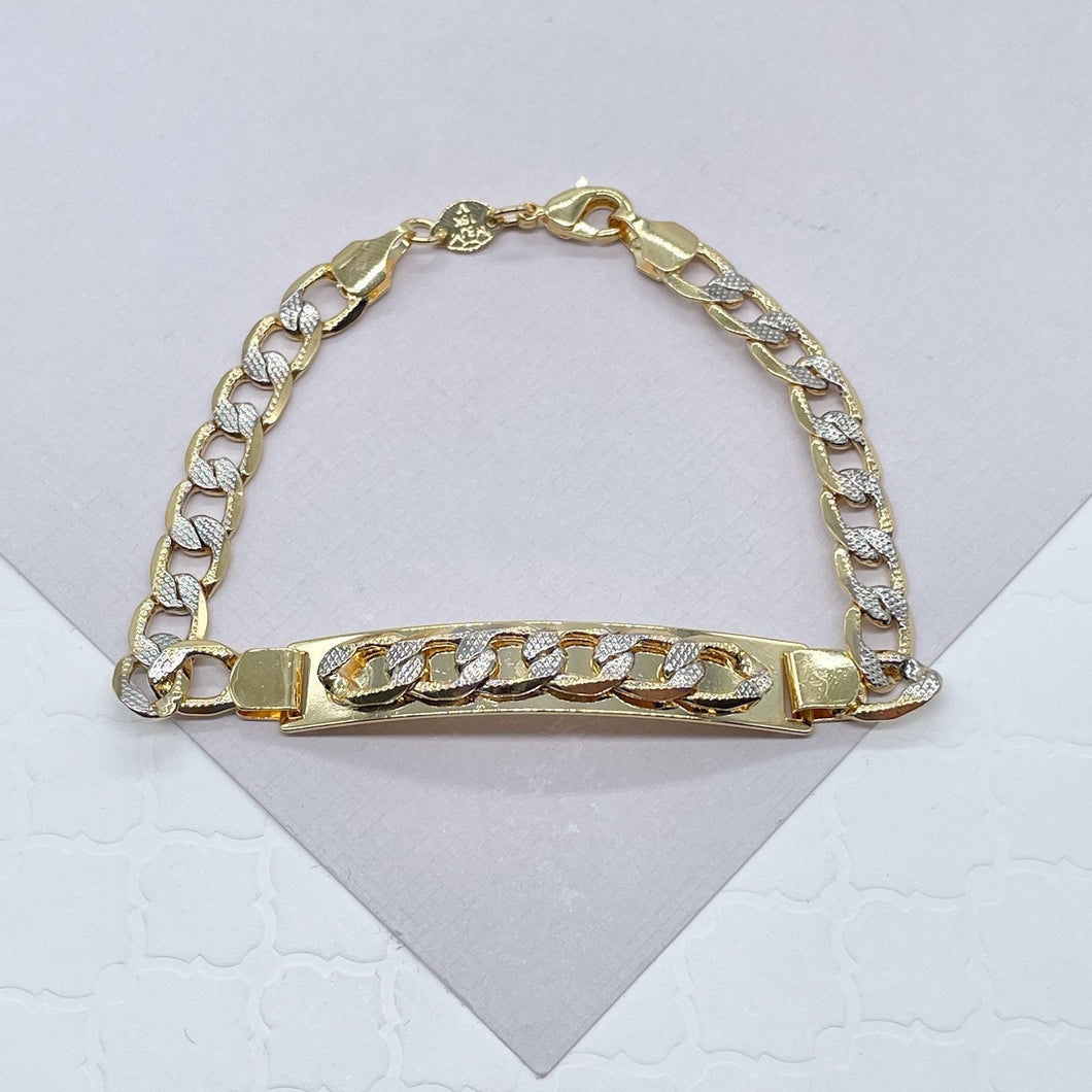 9mm 18k Gold Filled Two Tone Unisex ID Bracelet Featuring Curb Chain Detail