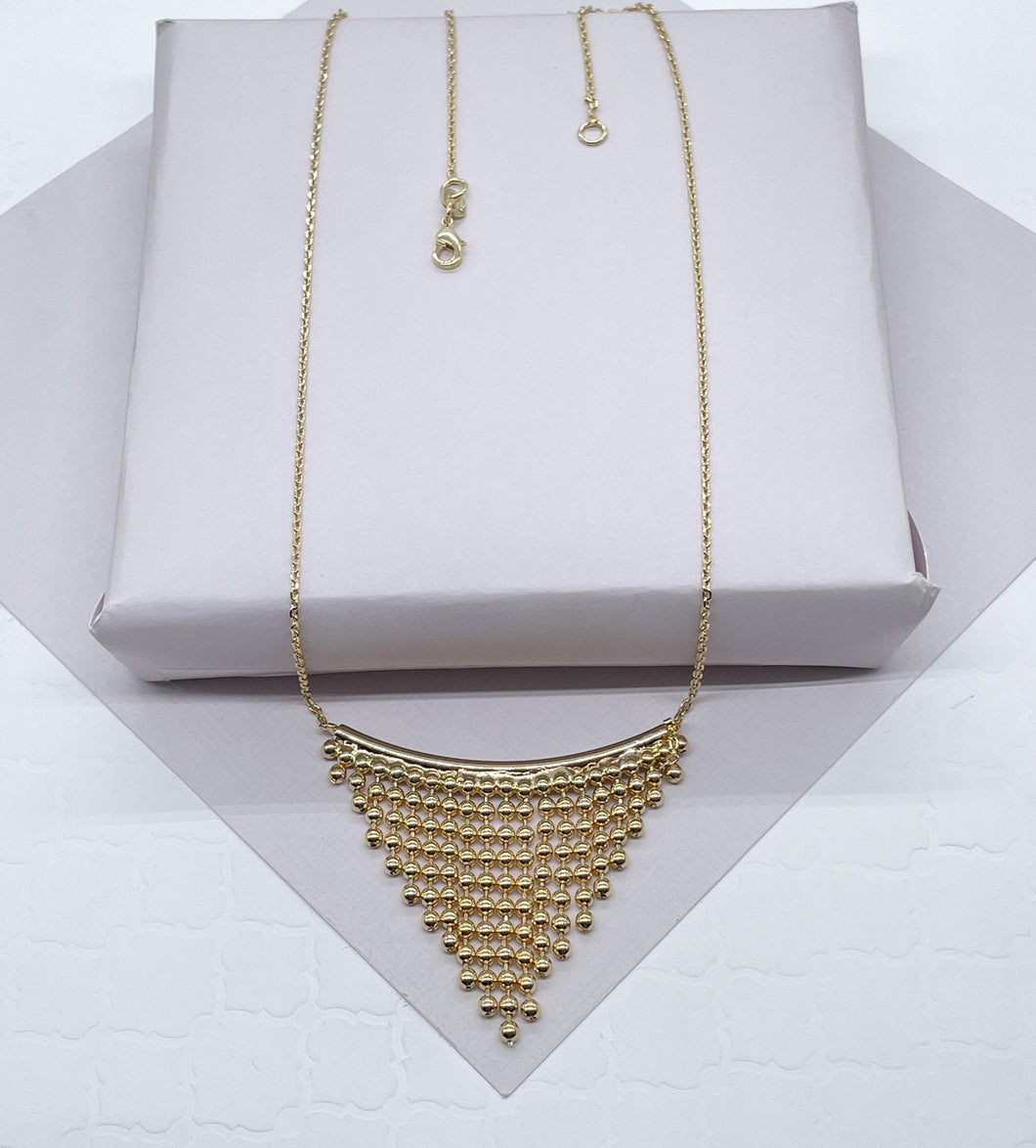 18k Gold Filled Boho Chain Necklace Fringe Dangling Beads, Mesh Inverted Gold Triangle,  ,