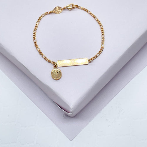 18k Gold Filled Figaro Chain ID Bar Bracelet Featuring Detail Virgin Mary Charm  Kids and Baby Jesus