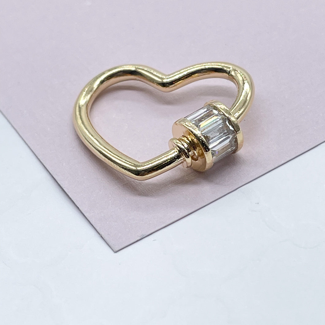 Unique 18k Gold Filled Heart Shape Carabiner Lock Clasp Featuring Clear Baguette