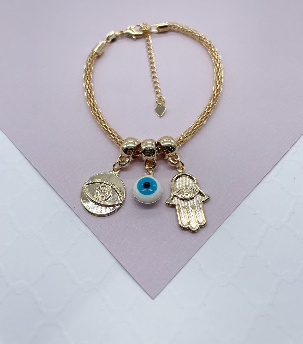 18k Gold Filled Evil Eye Charm Bracelet Featuring Hamsa, Eye Medal For