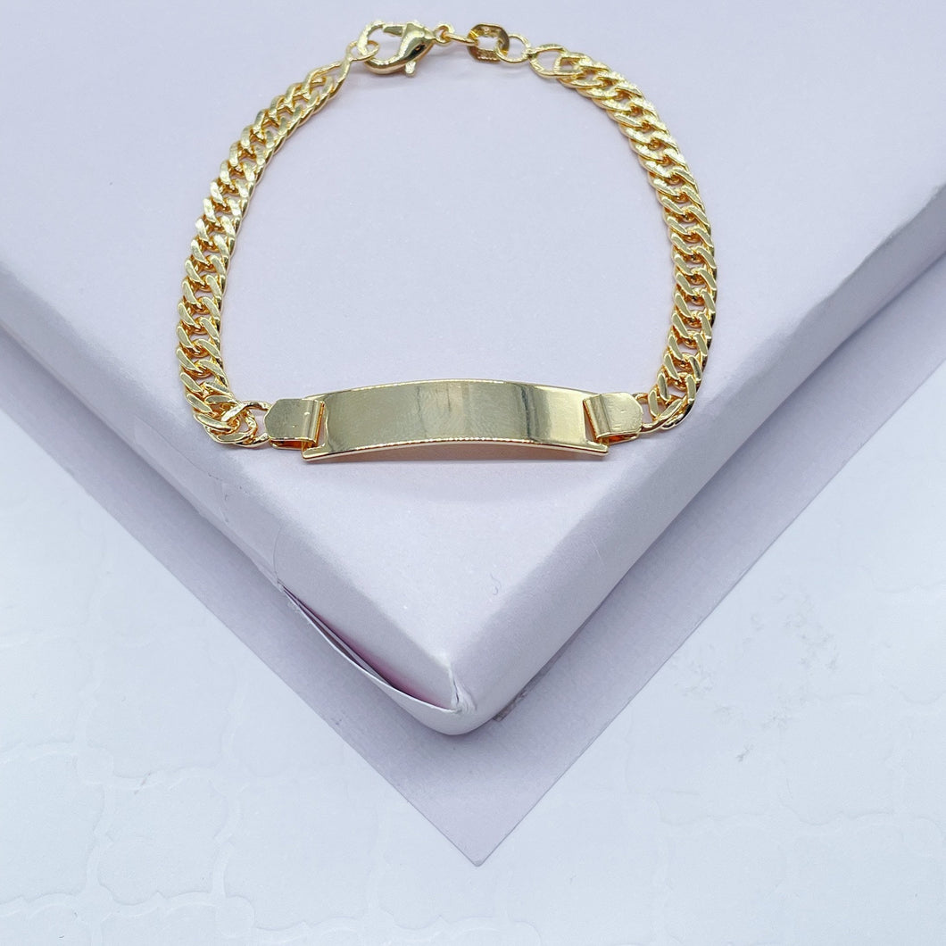 18k Gold Filled Cuban Link ID Children’s Bracelet, Curb Chain Bar Bracelet For