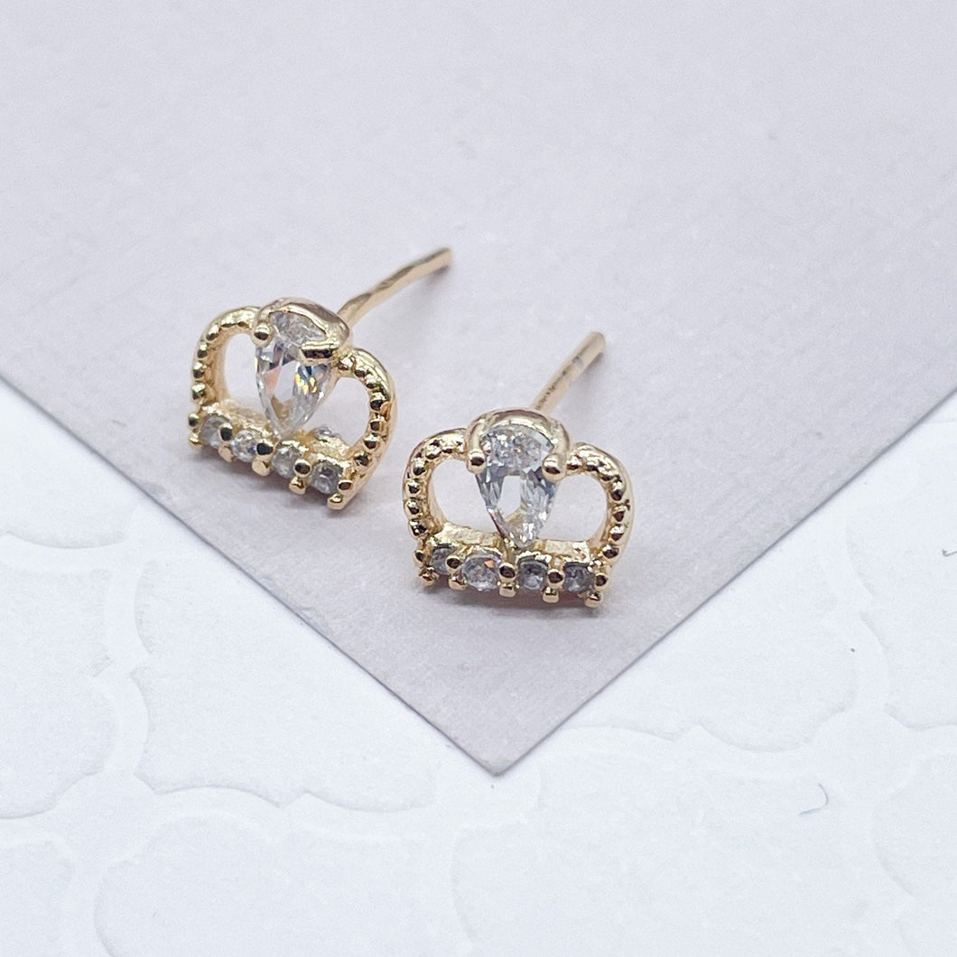 18k Gold Filled Small Crown Cubic Zirconia Stud Earrings Dainty Jewelry