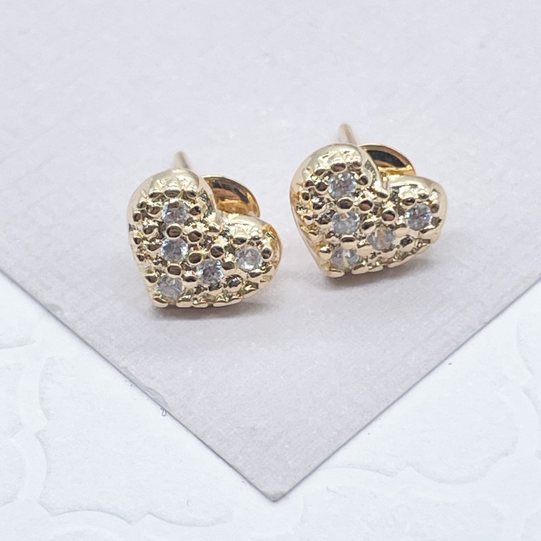 18k Gold Filled Dainty Design Pattern Small Heart Stud Earrings Featuring Micro Cubic Zirconia
