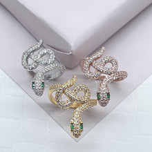 Load image into Gallery viewer, 18k Gold Filled Micro Pave Cubic Zirconia Snake Ring Featuring Simulated Emerald Eyes
