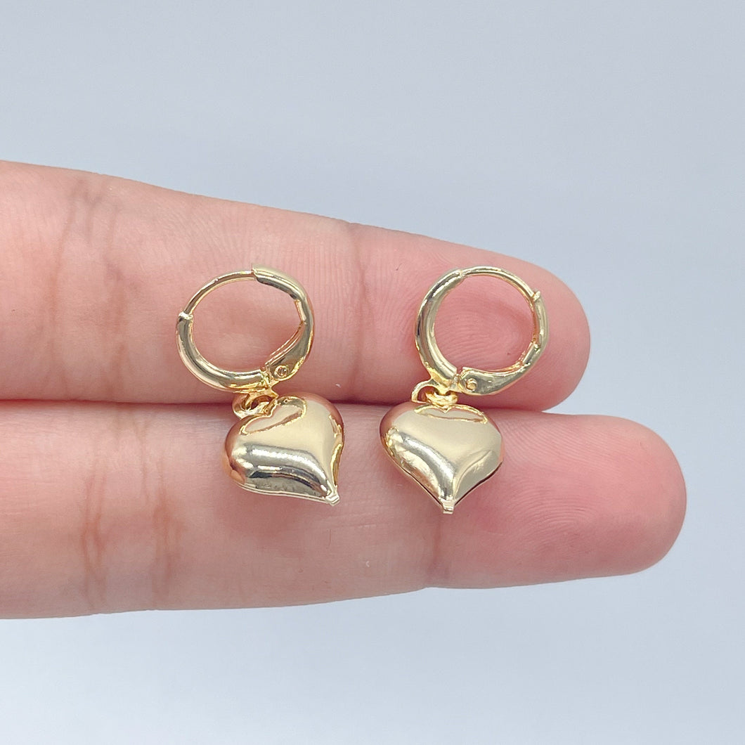 18k Gold Filled Puffy Chubby Heart Dangling Earrings
