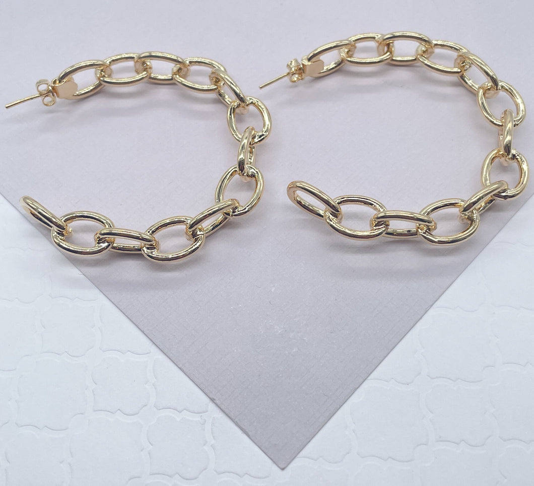 18k Gold Filled Link Chain Hoop Earrings, C-Hoops Large Cable Chain Link Style