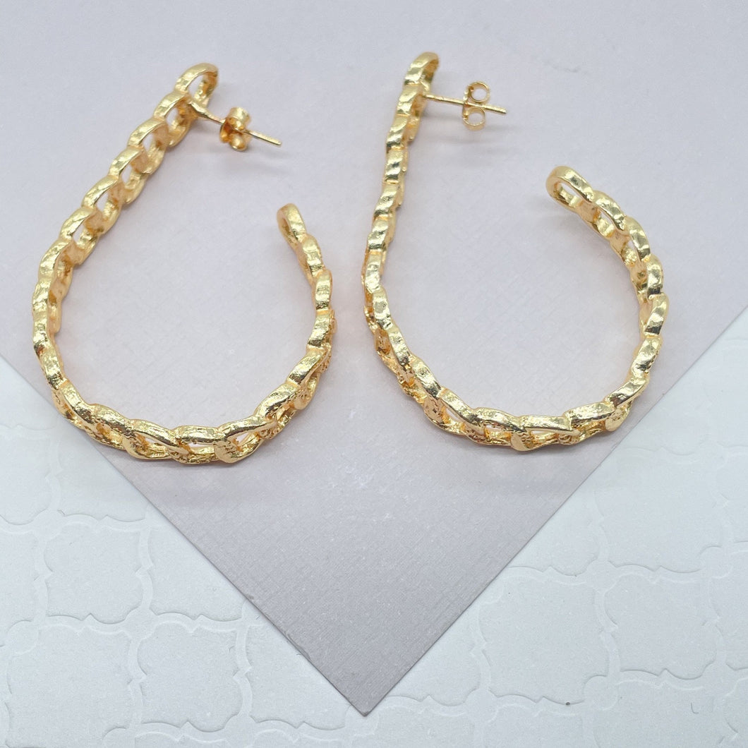 18k Gold Filled Curb Link Chain Style Teardrop Shaped Hoop Earrings, C-Hoops