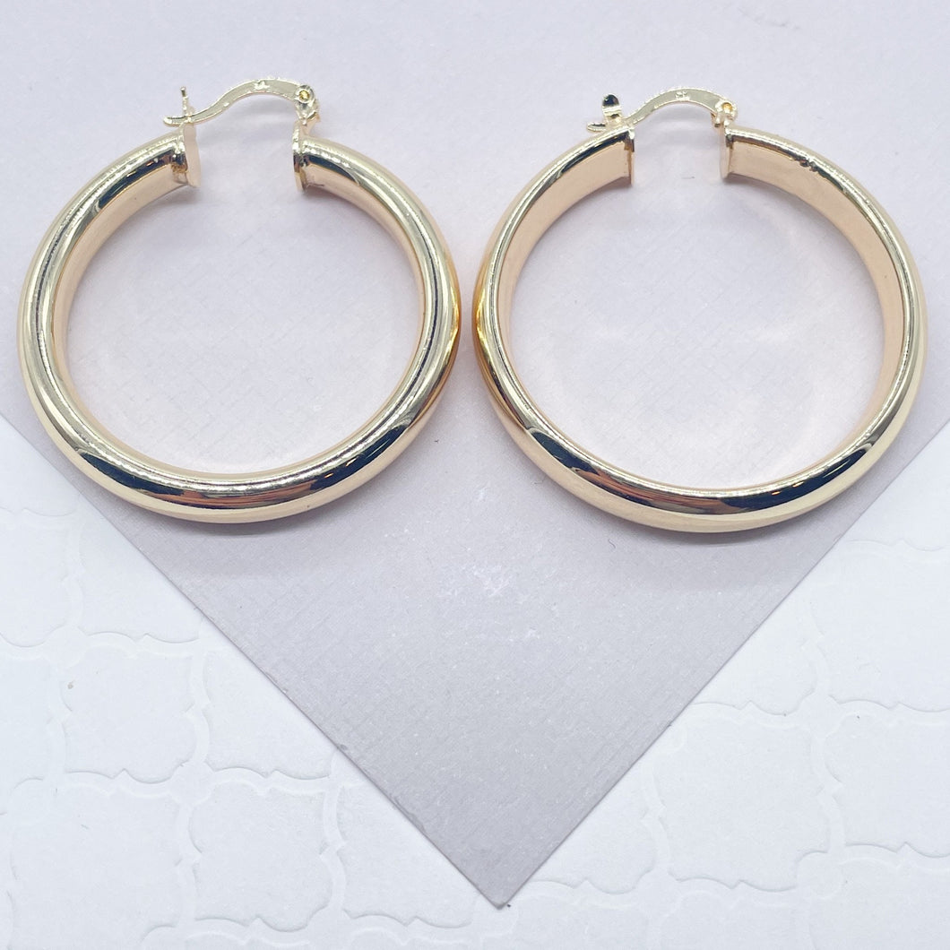 18k Gold Filled Thick Flat Inside Hoop Earrings, Plain Gold Fat 40mm Hoops,