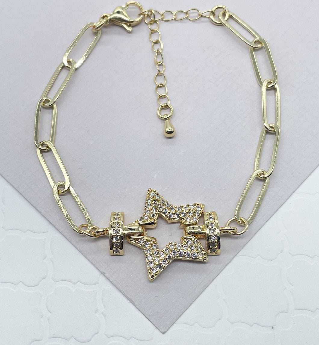 18k Gold Filled Paper Clip Link Bracelet Featuring Micro Pave Cubic Zirconia Star Charm With CZ Connectors  Jewelry