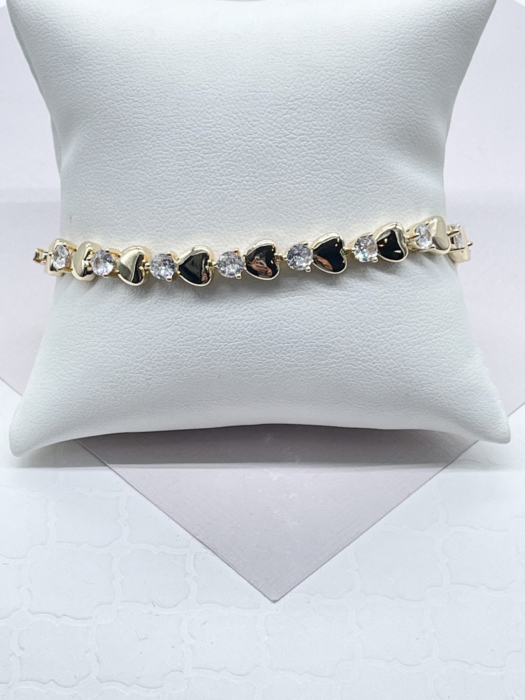 18k Gold Filled Clear Cubic Zirconia & Hearts Bracelet, Gift  Her, Romantic Jewelry Bracelet,