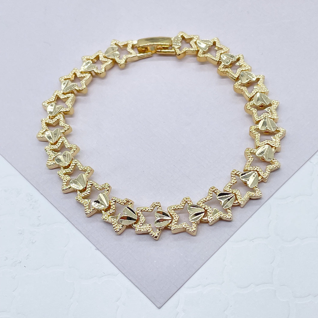 18k Gold Filled Hallowed Star and Attached Heart Engraved Pattern Bracelet For