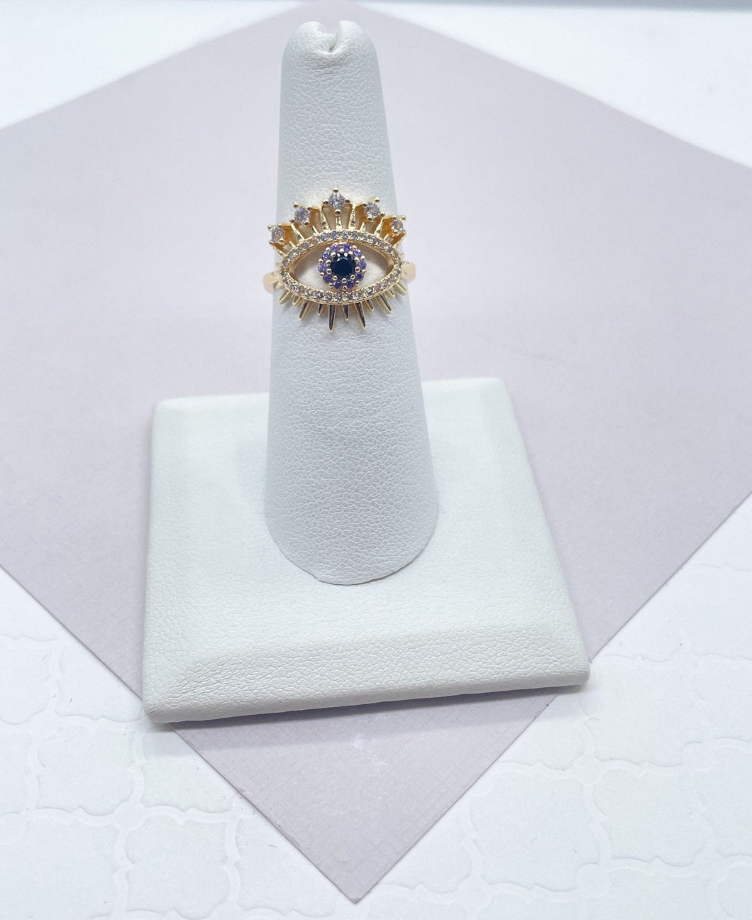 18k Gold Filled Evil Eye Ring Crowned Featuring Multi Color Zirconia Stones Or Clear Cubic Zirconia, Protection Ring,  Jewelry